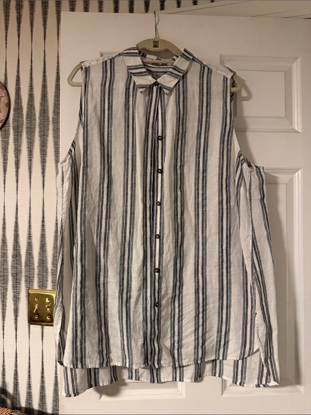 Chico's linen White & Navy Striped Cold-Shoulder Button-Down Shirt